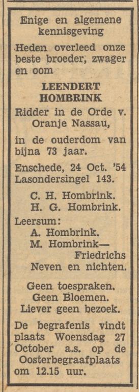Lasondersingel 143 Leendert Hombrink overlijdensadvertentie Tubantia 25-10-1954.jpg