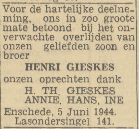 Lasondersingel 141 H.Th.Gieskes advertentie Twentsch nieuwsblad 6-6-1944.jpg