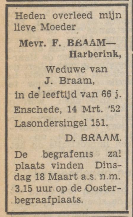 Lasondersingel 151 Wed. F.Braam-Harberink overlijdensadvertentie Tubantia 14-3-1952.jpg
