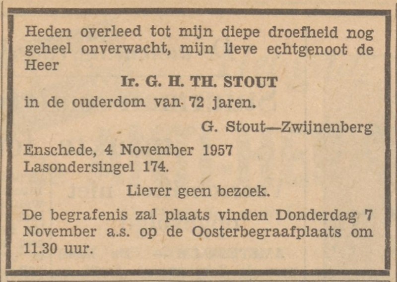 Lasondersingel 174 Ir. G.H.Th. Stout overlijdensadvertentie Tubantia 5-11-1957.jpg