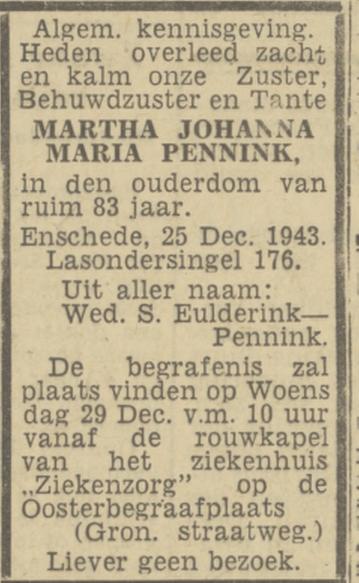 Lasondersingel 176 M.J.M.Pennink overlijdensadvertentie Tubantia 27-12-1943.jpg