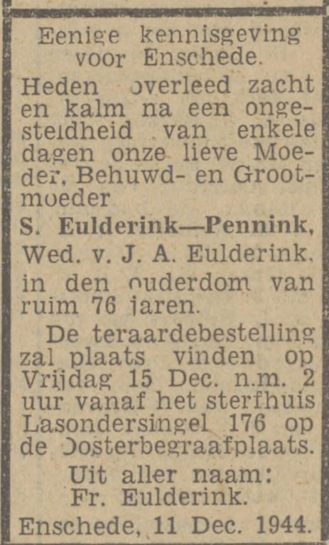 Lasondersingel 176 Wed. S.Eulderink-Pennink overlijdensadvertentie Tubantia 13-12-1944.jpg