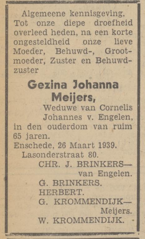 Lasondersingel 80 Wed. G.J. van Engelen-Meijers overlijdensadvertentie Tubantia 27-3-1939.jpg