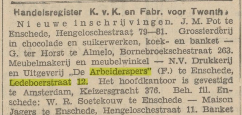 Ledeboerstraat 12 N.V. Drukkerij en Uitgeverij De Arbeiderspers krantenbericht 31-12-1930.jpg