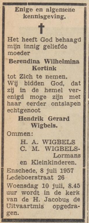 Ledeboerstraat 26 B.W.Wigbels-Kortink overlijdensadvertentie Twentsche courant 8-7-1957.jpg
