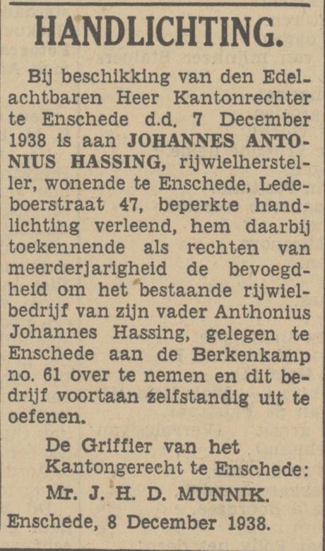 Ledeboerstraat 47 A.J. Hassing rijwielhersteller advertentie Tubantia 8-12-1938.jpg