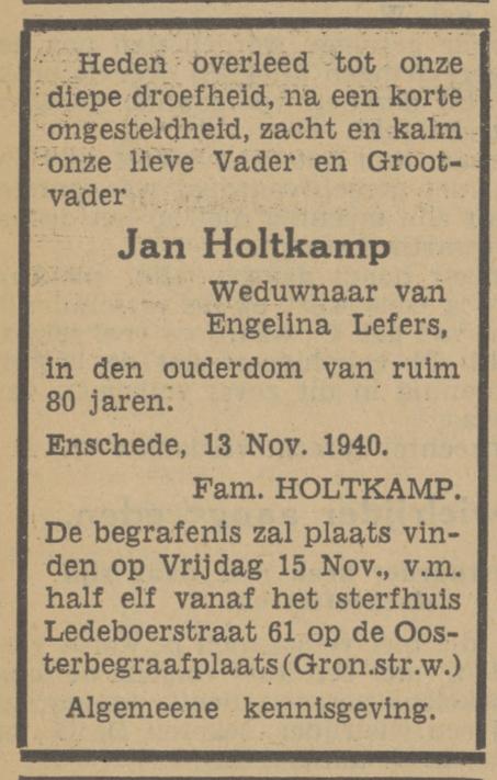 Ledeboerstraat 61 Jan Holtkamp overlijdensadvertentie Tubantia 13-11-1940.jpg