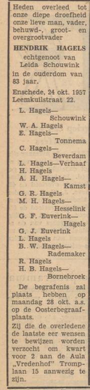 Leemkuilstraat 22 Hendrik Hagels overlijdensadvertentie Tubantia 25-10-1957.jpg