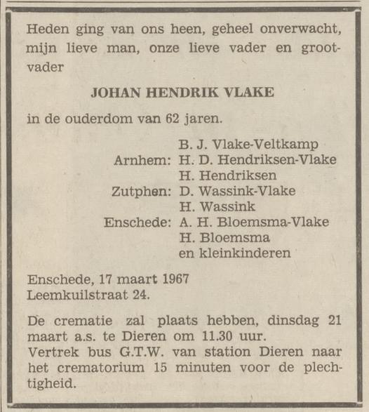 Leemkilstraat 24 J.H.Vlake overlijdensadvertentie Tubantia 18-3-1967.jpg