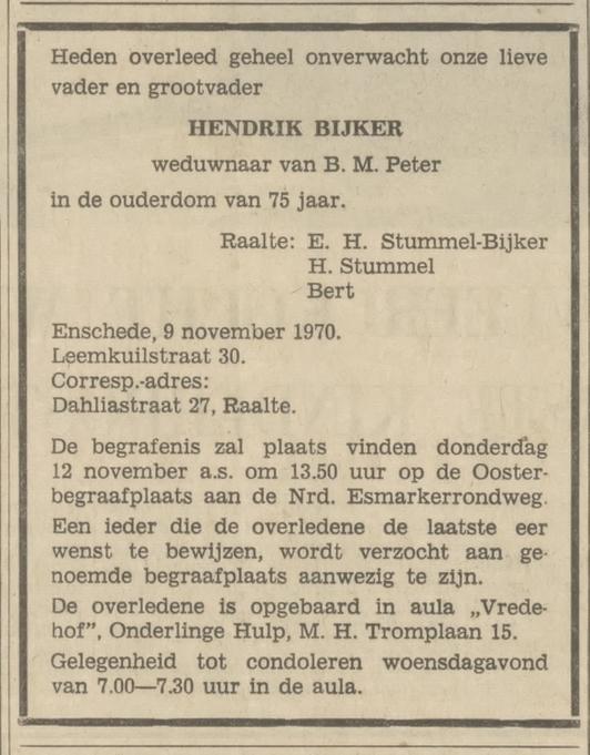 Leemkuilstraat 30 Hendrik Bijker overlijdensadvertentie Tubantia 10-11-1970.jpg