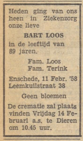 Leemkuilstraat 38 Bart Loos overlijdensadvertentie Tubantia 12-2-1958.jpg