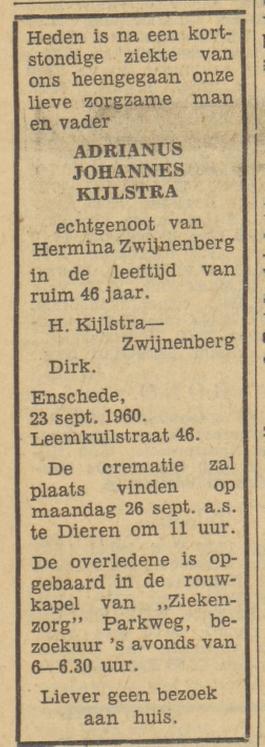 Leemkuilstraat 46 A.J.Kijlstra overlijdensadvertentie Tubantia 24-4-1960.jpg