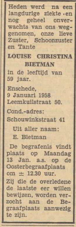Leemkuilstraat 50 L.C.Bietman overlijdensadvertentie Tubantia 10-1-1958.jpg