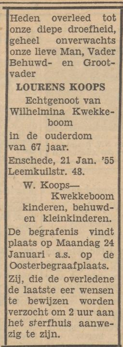 Leemkuilstraat 48 L.Koops overlijdensadvertentie Tubantia 22-1-1955.jpg