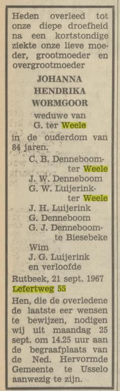 Lefertweg 55 Rutbeek J.H. ter Weele-Wormgoor overlijdensadvertentie Tubantia 21-9-1967.jpg