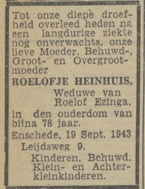 Leijdsweg 9 Wed. R.Ezinga-Heinhuis overlijdensadvertentie Twentsch nieuwsblad 20-9-1943.jpg