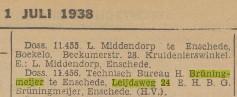 Leijdsweg 24 H.B.G.Brüningmeijer krantenbericht Tubantia 1-7-1938.jpg