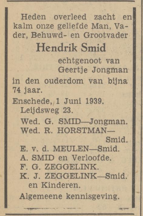 Leijdsweg 23 Hendrik Smid overlijdensadvertentie Tubantia 2-6-1939.jpg