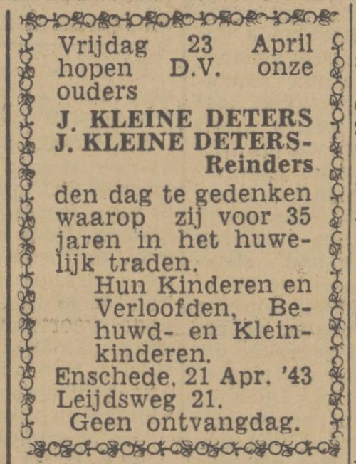 Leijdsweg 21 J. Kleine Deters advertentie Twentsch nieuwsblad 21-4-1943.jpg