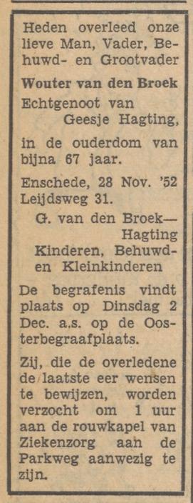 Leijdsweg 31 Wouter van den Broek overlijdensadvertentie Tubantia 29-11-1952.jpg