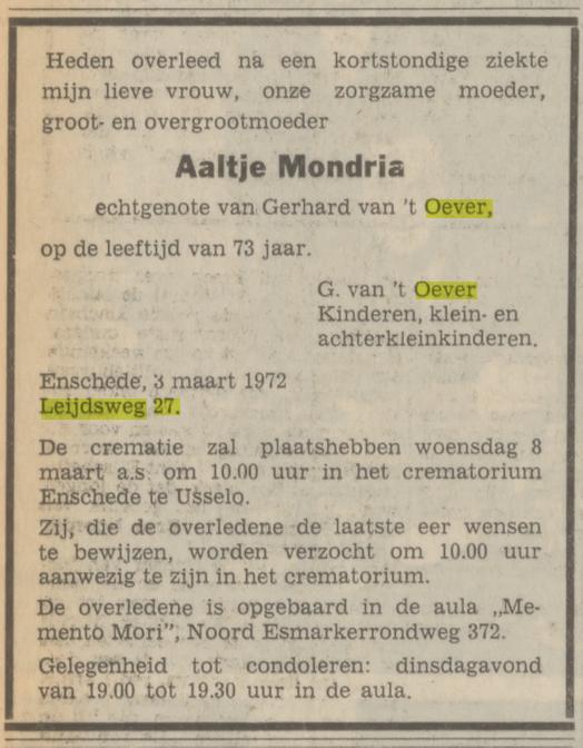 Leijdsweg 27 A.Mondria-van ´t Oever overlijdensadvertentie Tubantia 6-3-1972.jpg