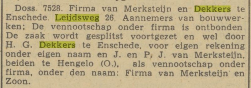 Leijdsweg 26 H.G.Dekkers aannemer krantenbericht Tubantia 16-1-1941.jpg
