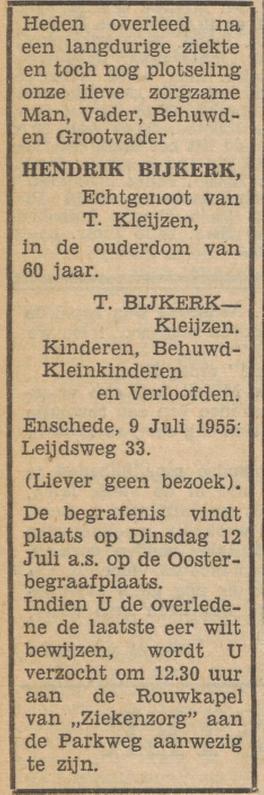 Leijdsweg 35 H.Bijkerk overlijdensadvertentie Tubantia 11-7-1955.jpg