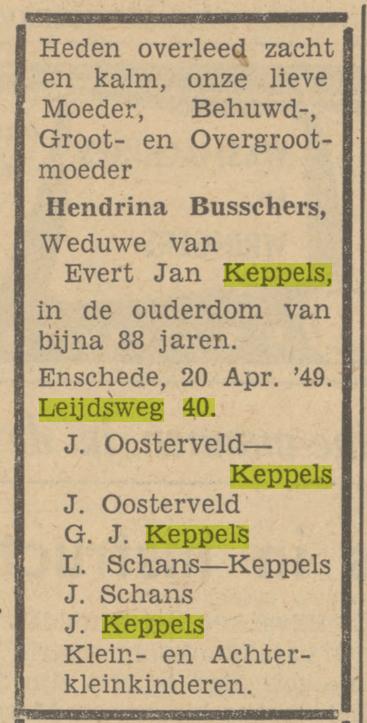 Leijdsweg 40 Wed. H.Keppels-Busschers overlijdensadvertentie Tubantia 21-4-1949.jpg