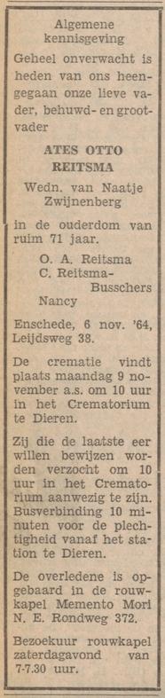 Leijdsweg 38 A.O.Reitsma overlijdensadvertentie Tubantia 7-11-1964.jpg