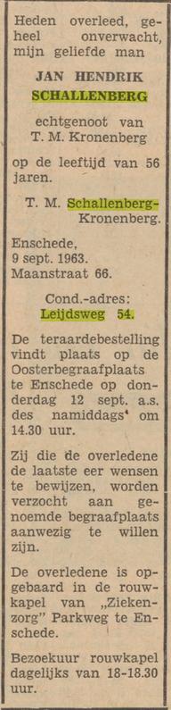 Leijdsweg 54 J.H.Schallenberg overlijdensadvertentie Tubantia 10-9-1963.jpg