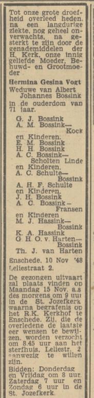 Leliestraat 2 Wed. H.G. Bossink-Vogt overlijdensadvertentie Tubantia 11-11-1948.jpg