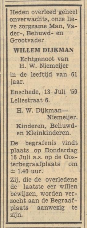 Leliestraat 6 W.Dijkman overlijdensadvertentie Tubantia 14-7-1959.jpg