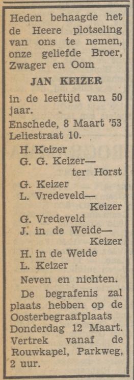 Leliestraat 10 Jan Keizer overlijdensasdvertentie Tubantia 9-3-1953.jpg