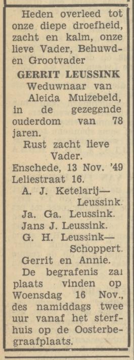 Leliestraat 16 G.Leussink overlijdensadvertentie Tubantia 14-11-1949.jpg