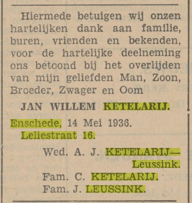Leliestraat 16 Wed. A.J. Ketelarij-Leussink advertentie Tubantia 14-5-1938.jpg