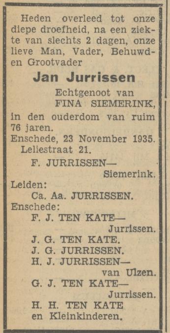 Leliestraat 21 Jan Jurrissen overlijdensadvertentie Tubantia 23-11-1935.jpg