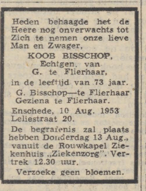 Leliestraat 20 Koob Bisschop overlijdensadvertentie Trouw 12-8-1953.jpg