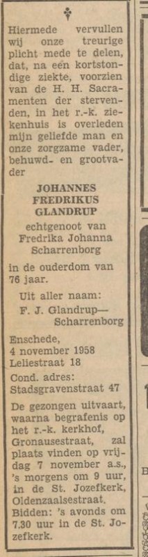 Leliestraat 18 J.F.Glandrup overlijdensadvertentie Tubantia 5-11-1958.jpg