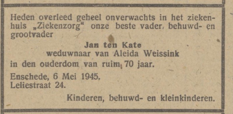 Leliestraat 24 Jan ten Kate overlijdensadvertentie Het Parool 11-5-1945.jpg