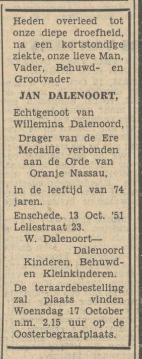 Leliestraat 23 Jan Dalenoort overlijdensadvertentie Tubantia 15-10-1951.jpg