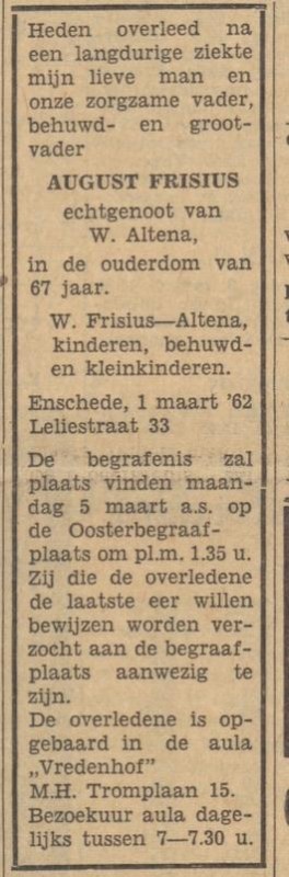 Leliestraat 33 August Frisius overlijdensadvertentie Tubantia 2-3-1962.jpg