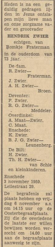 Leliestraat 29 Hendrik Zwier overlijdensadvertentie Tubantia 4-11-1959.jpg