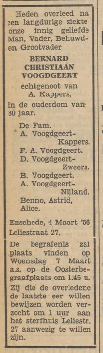 Leliestraat 27 B.C.Voogdgeert overlijdensadvertentie Tubantia 5-3-1956.jpg