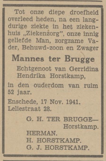 Leliestraat 28 Mannes ter Brugge overlijdensadvertentie Tubantia 18-11-1941.jpg