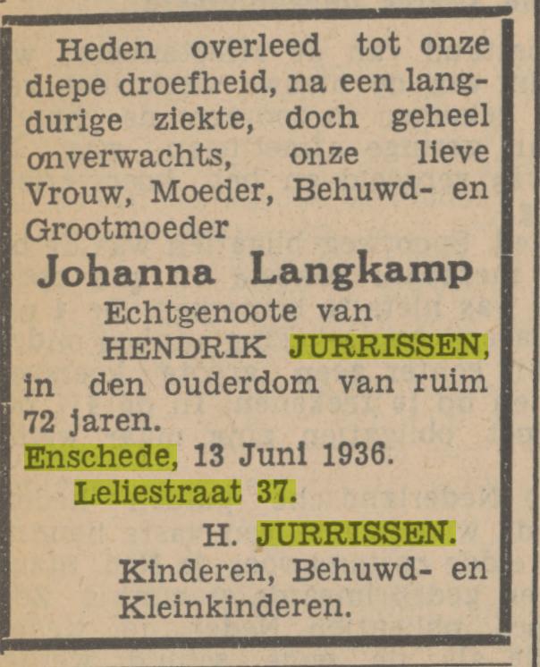 Leliestraat 37 J.Jurrissen-Langkamp overlijdensaadvertentie Tubantia 15-6-1936.jpg