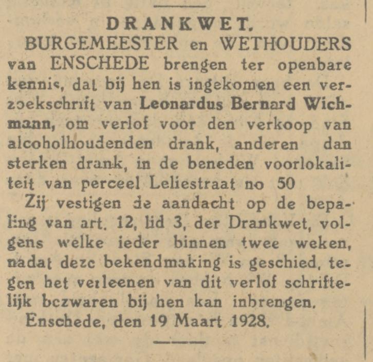 Leliestraat 50 L.B.Wichmann cafehouder krantenbericht Tubantia 20-3-1928.jpg