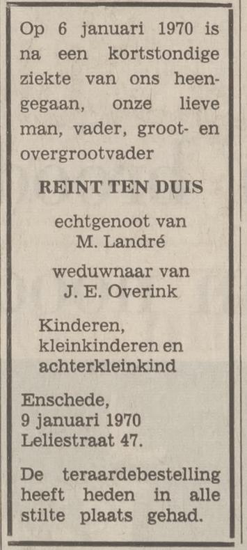 Leliestraat 47 Reint ten Duis overlijdensadvertentie Tubantia 9-1-1970.jpg