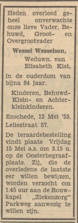 Leliestraat 57 Wessel Wesselson overlijdensadvertentie Tubantia 13-5-1953.jpg