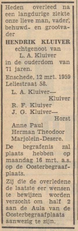 Leliestraat 58 Hendrik Kluiver overlijdensadvertentie Tubantia 13-3-1959.jpg
