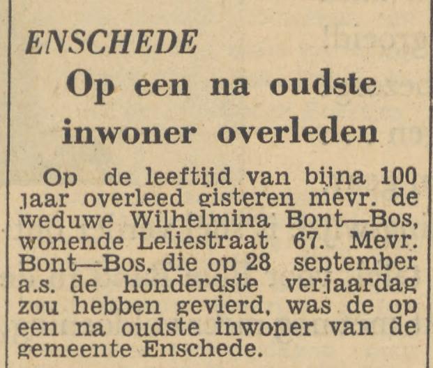 Leliestraat 67 Wed. W.Bont-Bos krantenbericht Tubantia 5-7-1956.jpg